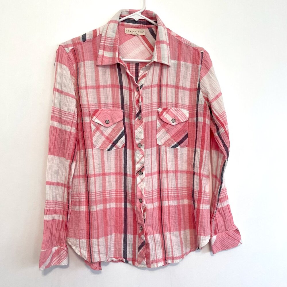 LOVESTITCH LOVE STITCH White Pink Coral Navy Plaid Long Sleeve Button Down Shirt